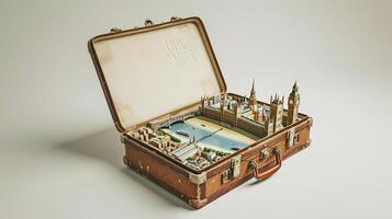 a vintage suitcase opened, and a touristic destination popping out of it photo