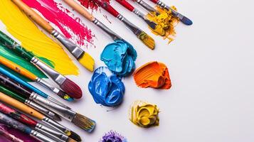 An arrangement of colorful paintbrushes dipped in various hues of paint on a pristine white surface photo