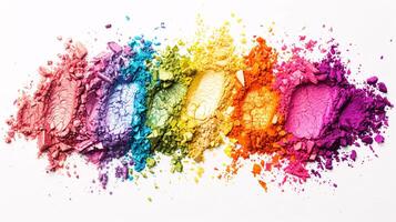 Artistic makeup palettes, a burst of vibrant colors, are arranged in a visually pleasing manner against the pristine white background photo