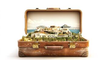 a vintage suitcase opened, and a touristic destination popping out of it photo