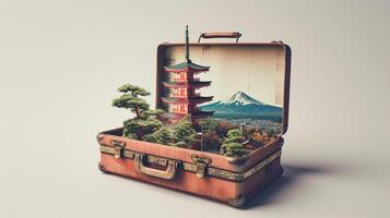 a vintage suitcase opened, and a touristic destination popping out of it photo