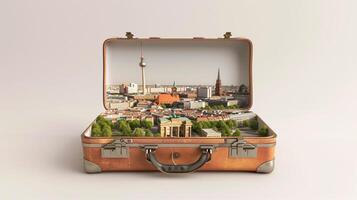 a vintage suitcase opened, and a touristic destination popping out of it photo