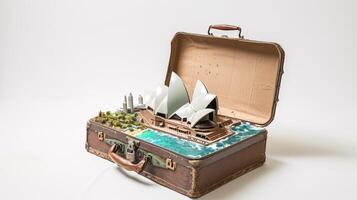 a vintage suitcase opened, and a touristic destination popping out of it photo