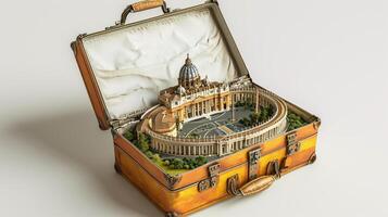 a vintage suitcase opened, and a touristic destination popping out of it photo