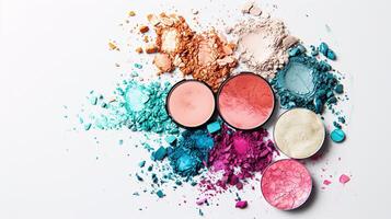 Artistic makeup palettes, a burst of vibrant colors, are arranged in a visually pleasing manner against the pristine white background photo