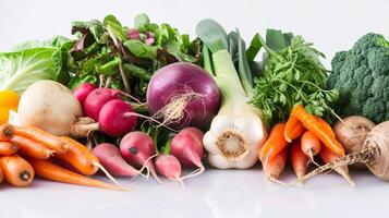 A vibrant array of fresh herbs and vegetables, forms a captivating display on the clear white surface. photo