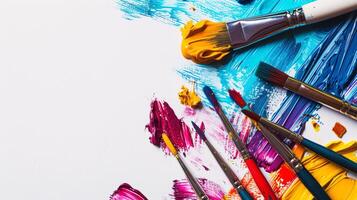 An arrangement of colorful paintbrushes dipped in various hues of paint on a pristine white surface photo