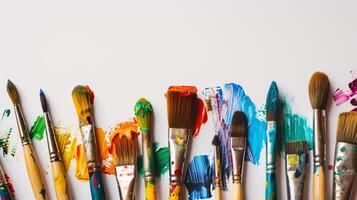 An arrangement of colorful paintbrushes dipped in various hues of paint on a pristine white surface photo