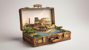 a vintage suitcase opened, and a touristic destination popping out of it photo