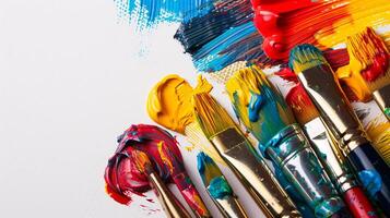 An arrangement of colorful paintbrushes dipped in various hues of paint on a pristine white surface photo