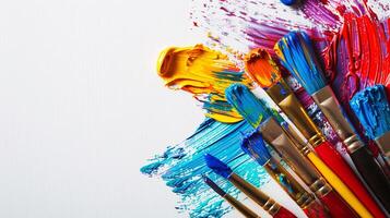 An arrangement of colorful paintbrushes dipped in various hues of paint on a pristine white surface photo