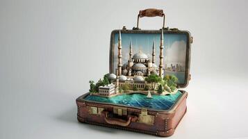 a vintage suitcase opened, and a touristic destination popping out of it photo