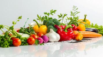 A vibrant array of fresh herbs and vegetables, forms a captivating display on the clear white surface. photo