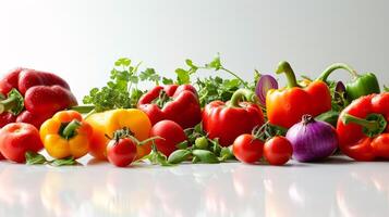 A vibrant array of fresh herbs and vegetables, forms a captivating display on the clear white surface. photo