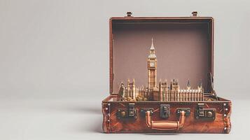 a vintage suitcase opened, and a touristic destination popping out of it photo