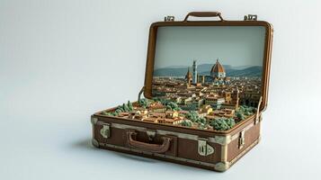 a vintage suitcase opened, and a touristic destination popping out of it photo