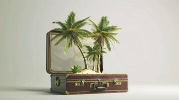 a vintage suitcase opened, and a touristic destination popping out of it photo