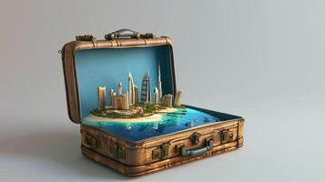 a vintage suitcase opened, and a touristic destination popping out of it photo