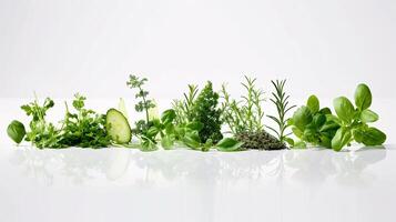 A vibrant array of fresh herbs and vegetables, forms a captivating display on the clear white surface. photo