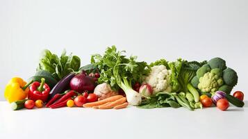 un vibrante formación de Fresco hierbas y verduras, formas un cautivador monitor en el claro blanco superficie. foto