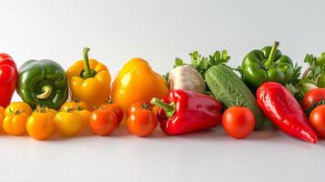 A vibrant array of fresh herbs and vegetables, forms a captivating display on the clear white surface. photo