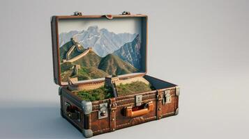 a vintage suitcase opened, and a touristic destination popping out of it photo