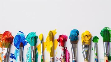 An arrangement of colorful paintbrushes dipped in various hues of paint on a pristine white surface photo