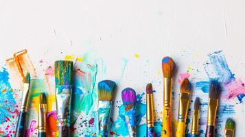 An arrangement of colorful paintbrushes dipped in various hues of paint on a pristine white surface photo