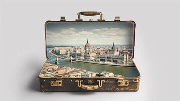 a vintage suitcase opened, and a touristic destination popping out of it photo