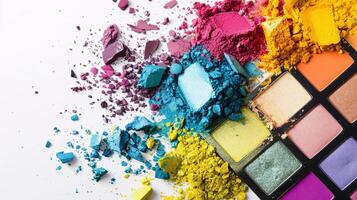 Artistic makeup palettes, a burst of vibrant colors, are arranged in a visually pleasing manner against the pristine white background photo