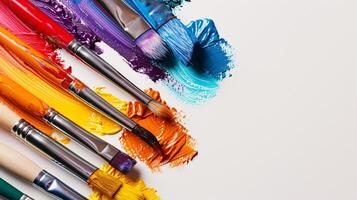 An arrangement of colorful paintbrushes dipped in various hues of paint on a pristine white surface photo