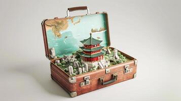 a vintage suitcase opened, and a touristic destination popping out of it photo