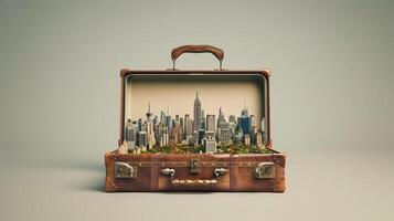 a vintage suitcase opened, and a touristic destination popping out of it photo