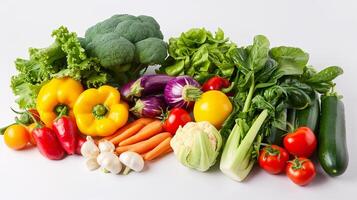 A vibrant array of fresh herbs and vegetables, forms a captivating display on the clear white surface. photo