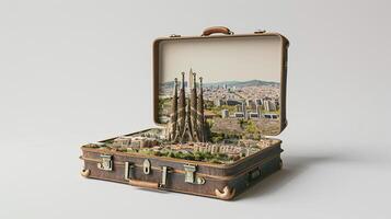 a vintage suitcase opened, and a touristic destination popping out of it photo