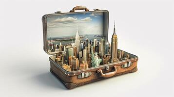 a vintage suitcase opened, and a touristic destination popping out of it photo