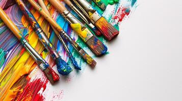 An arrangement of colorful paintbrushes dipped in various hues of paint on a pristine white surface photo