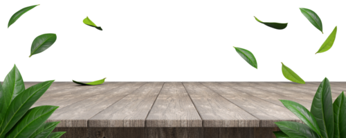 Empty wood board plank with leaves falling cut out transparent backgrounds illustration 3d rendering file png