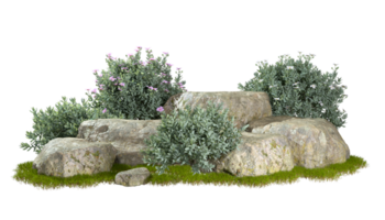 Cut out gardening shrub plants position with steps rock 3d rendering illustration background file png