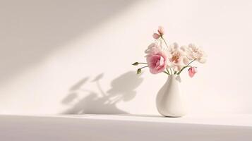 A sophisticated arrangement of fresh flowers in a minimalist vase casts soft shadows on the pristine white surface photo