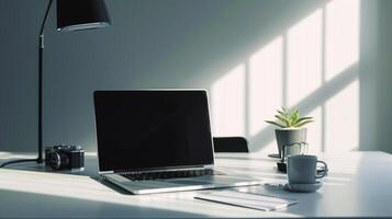 the world of minimalism with a modern laptop, radiating productivity photo