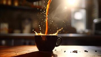 the fluid beauty of pouring coffee into a pristine cup, captured in mid-air photo
