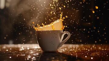 el fluido belleza de torrencial café dentro un prístino taza, capturado en aire foto