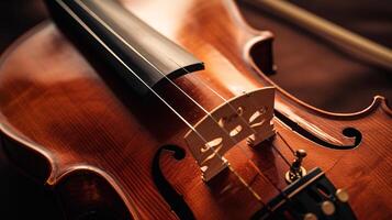 armonía de musical instrumentos, enfoque en el elegante curvas de un violín foto