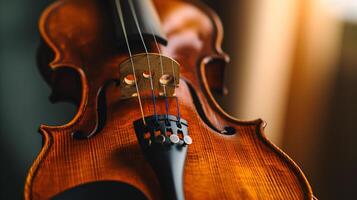 armonía de musical instrumentos, enfoque en el elegante curvas de un violín foto