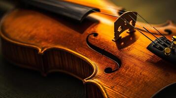 armonía de musical instrumentos, enfoque en el elegante curvas de un violín foto