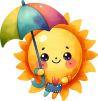 alegre Sol personagem segurando colorida guarda-chuva png