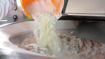 Food Technician Adding Ingredients to Meat Mixture, A food technician pouring powder into a large industrial mixer blending a batch of minced meat. video