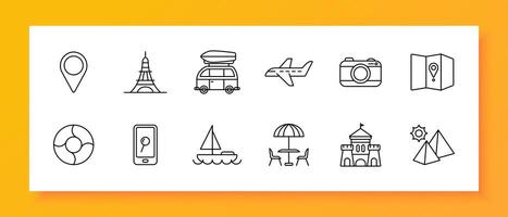 Travel set icon. Sights, geolocation, castle, pyramids, sun, tourism, Eiffel Tower, map, location, culture, yacht, plane, camera, search, phone, car, recreation, entertainment. line icon. vector