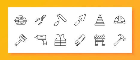 Construction set icon. Repair supplies, equipment, saw, roller, pliers, brush, cone. fence, helmet, drill, spatula, windbreaker, jacket, uniform, hammer. line icon. vector